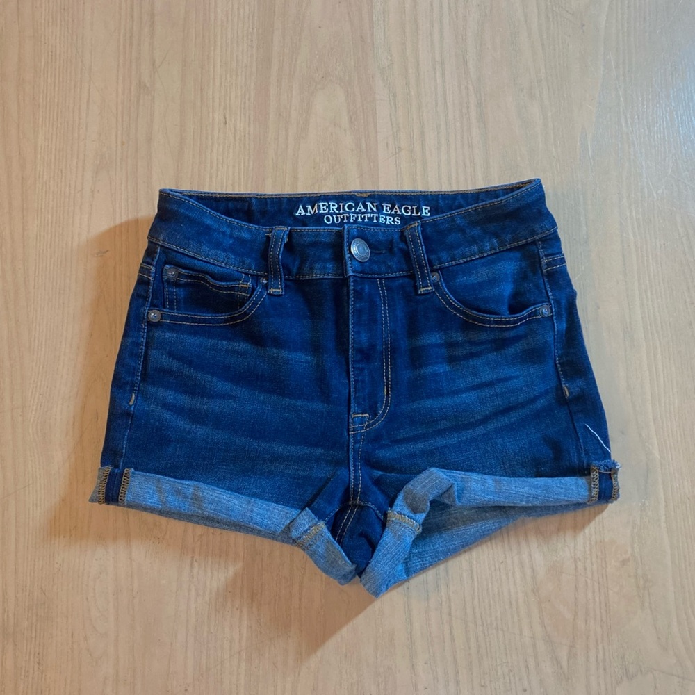 American Eagle High Rise Cuffed Dark Wash “Hi-Rise Shortie” Jean Shorts
